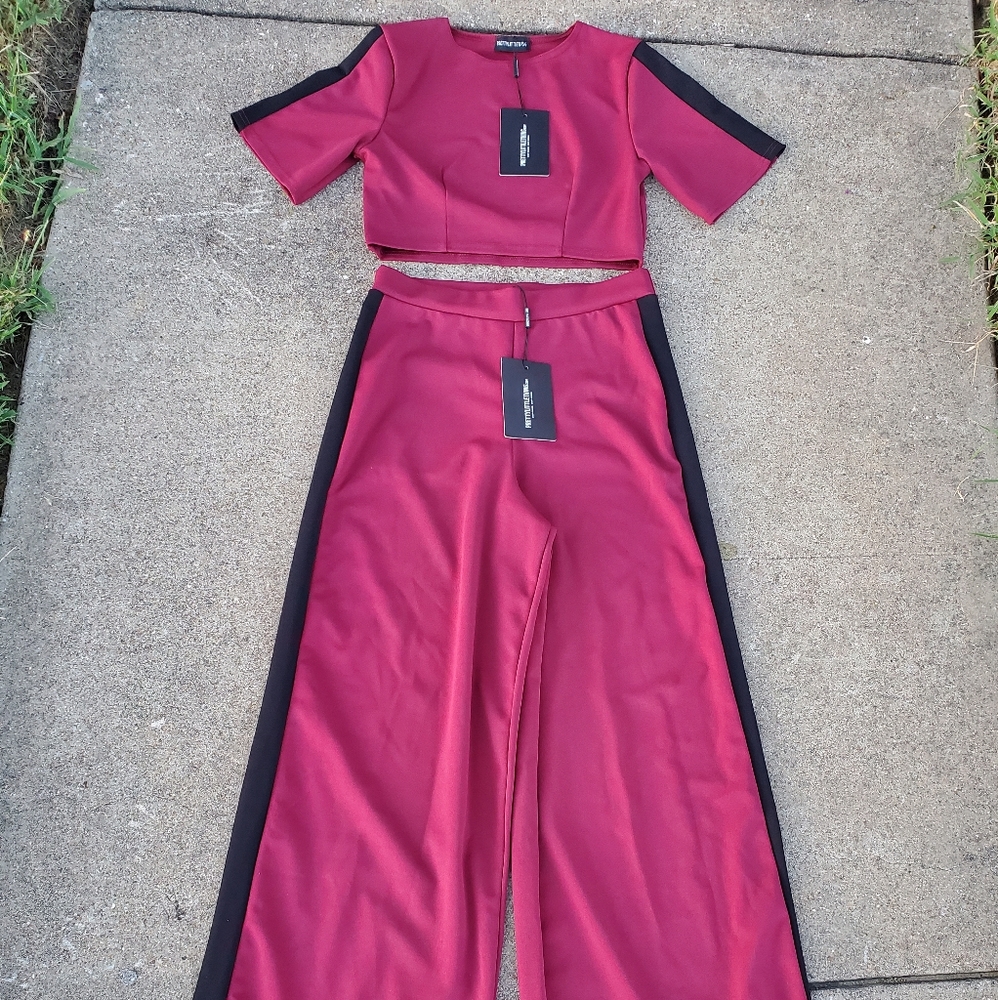 PrettyLittleThing Wine & Black Wide Leg Two-Piece Set